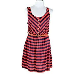 Tank Dress Sleeveless  Above Knee Belted Knit Striped Blue & Red Women's Size Lg